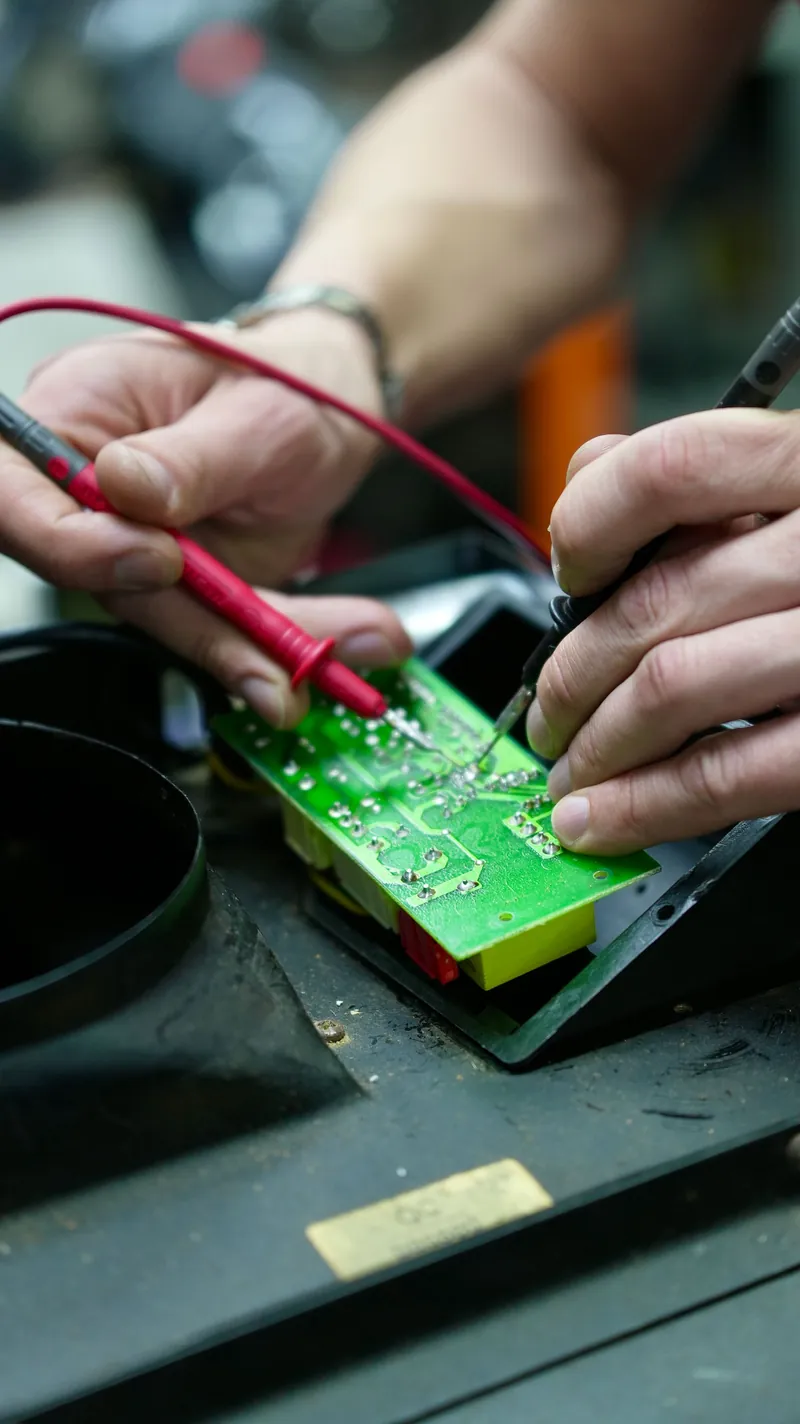 Hands use testing probes on a green circuit board at an electronics workbench.