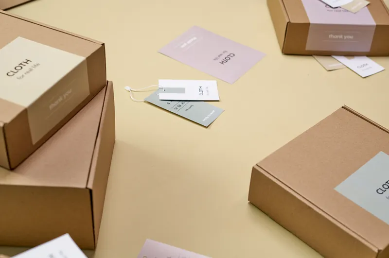 Kraft boxes, printed cards and hang tags arranged on a pale yellow packaging-design work surface.